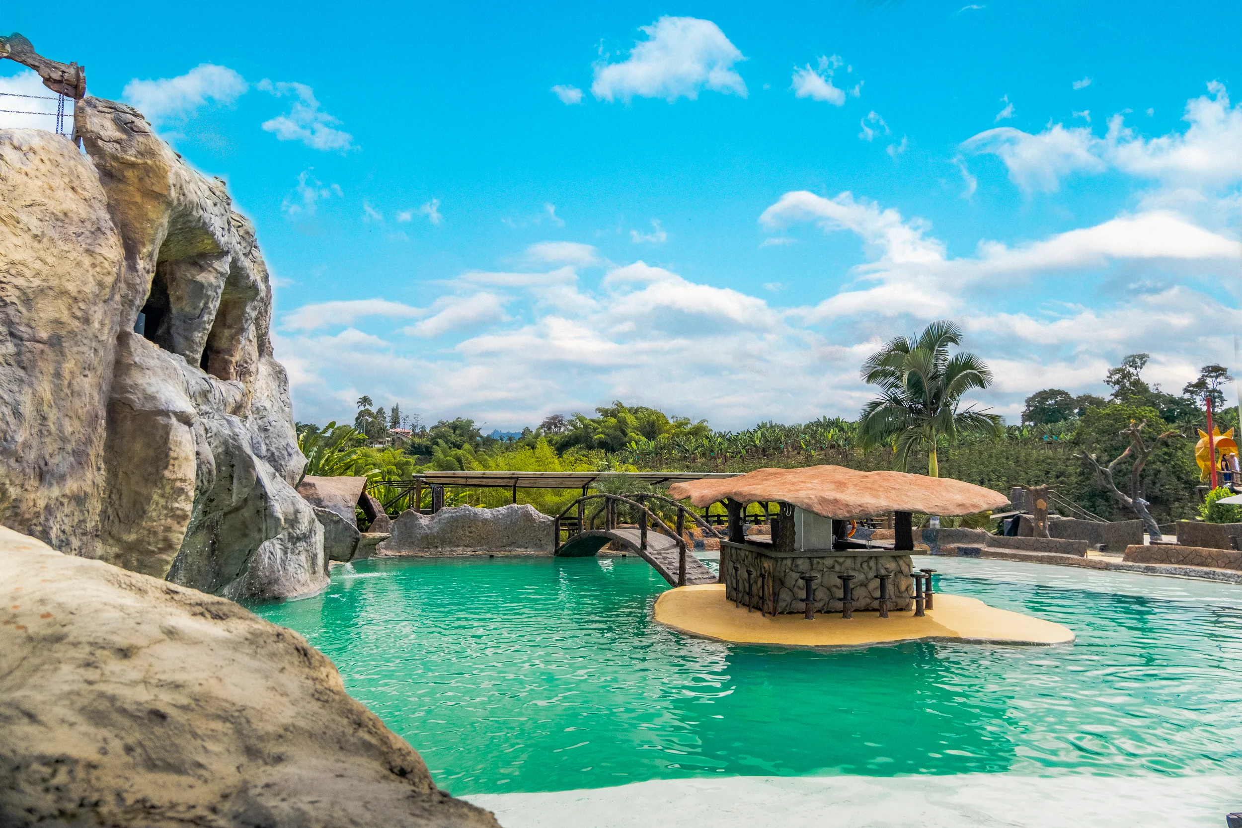 Piscina, caverna y palmeras del parque durante el día